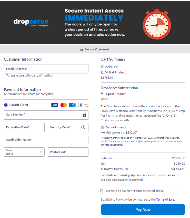 Dropserve Checkout Page